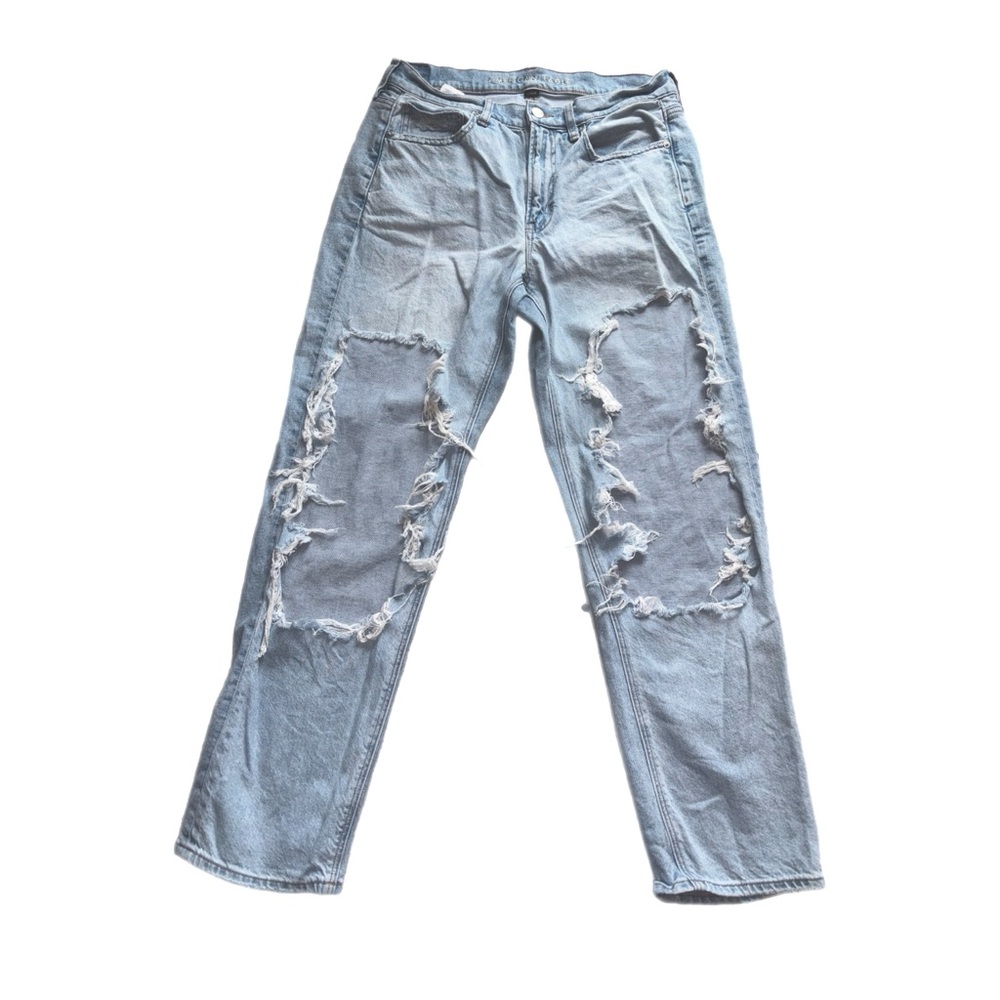American Eagle Outfitters Blue Boyfriend Jeans with Distressing and Frayed Hem